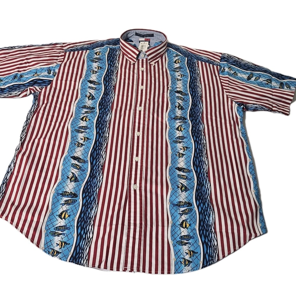 Tommy Hilfiger Button Shirt Mens XL Multicolor Fish Floral Striped Short Sleeve